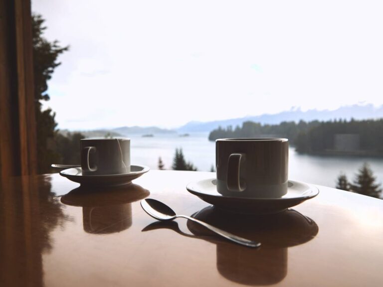 Filiżanki z kawa na tle jeziora. Obrazek w artykule Ekskluzywna kawa Blue Mounitain - skąd wynika jej cena?